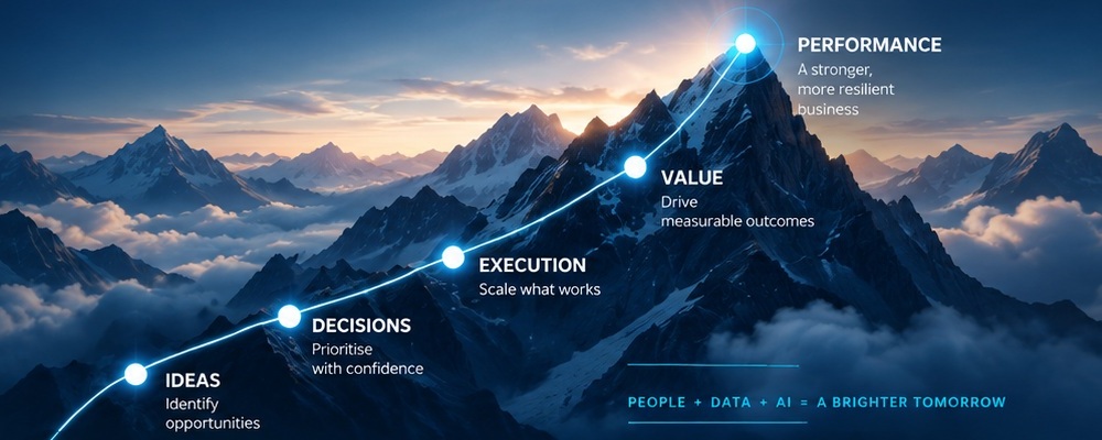 Approved mountain journey from ideas through decisions, execution and value to performance