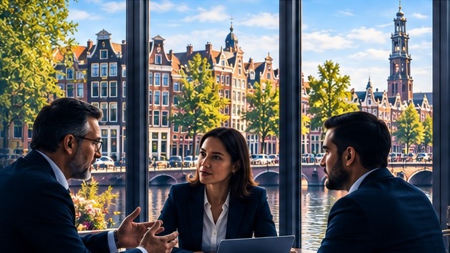 Executive discussion with Amsterdam canal houses visible through the window