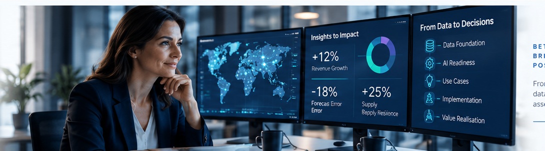 Professional using data and AI dashboards in an integrated workplace